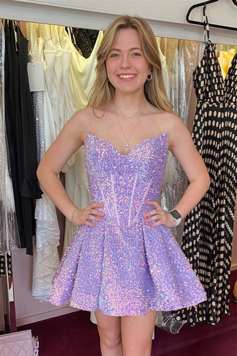 Lavender Sequins A-line Strapless Homecoming Dress
