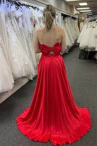 Red Satin Strapless A-line Bow Long Prom Dress with Slit