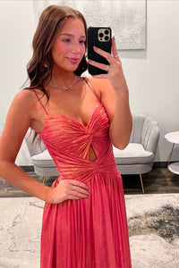 Straps Coral Twist Metallic Long Dress with Slit