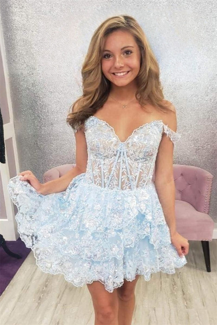 White Off-the-Shoulder Lace Multi-Layers Appliques Sequins Homecoming Dress
