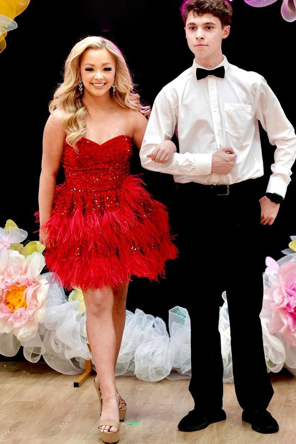Red Strapless Sequins Feather-Layers Homecoming Dress