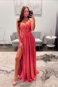 Straps Coral Twist Metallic Long Dress with Slit