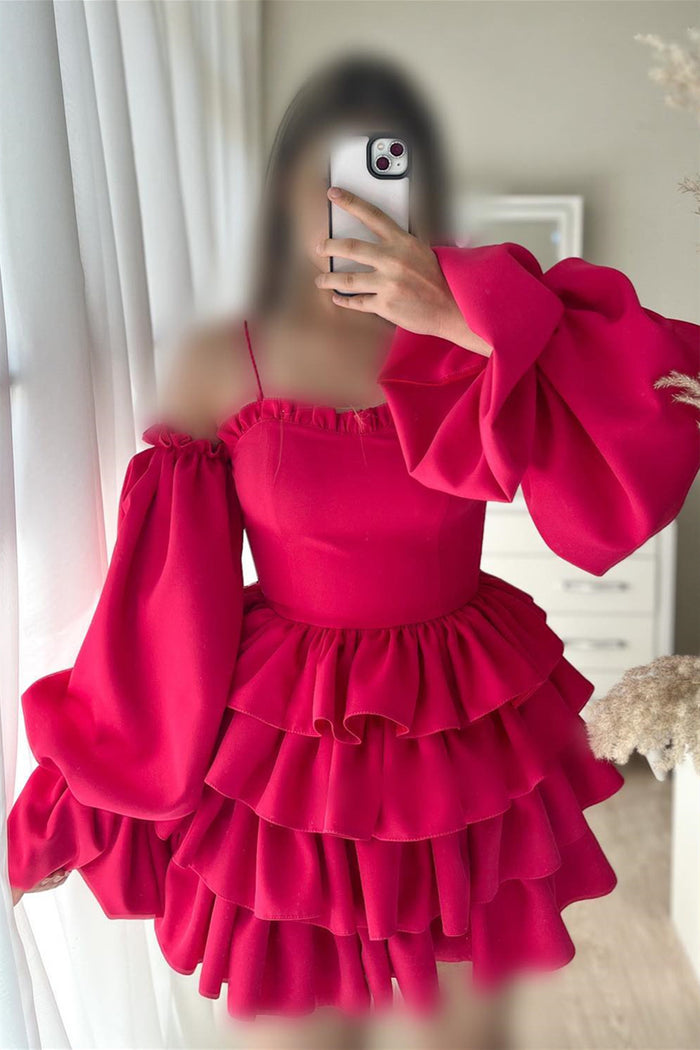 Rose Pink Cold Shoulder Straps RUffled Long Sleeves Layers Homecoming Dress