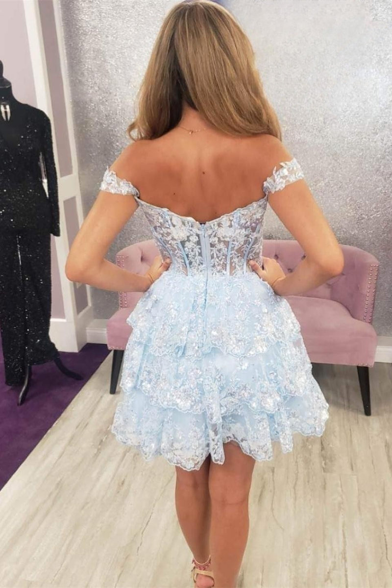 White Off-the-Shoulder Lace Multi-Layers Appliques Sequins Homecoming Dress
