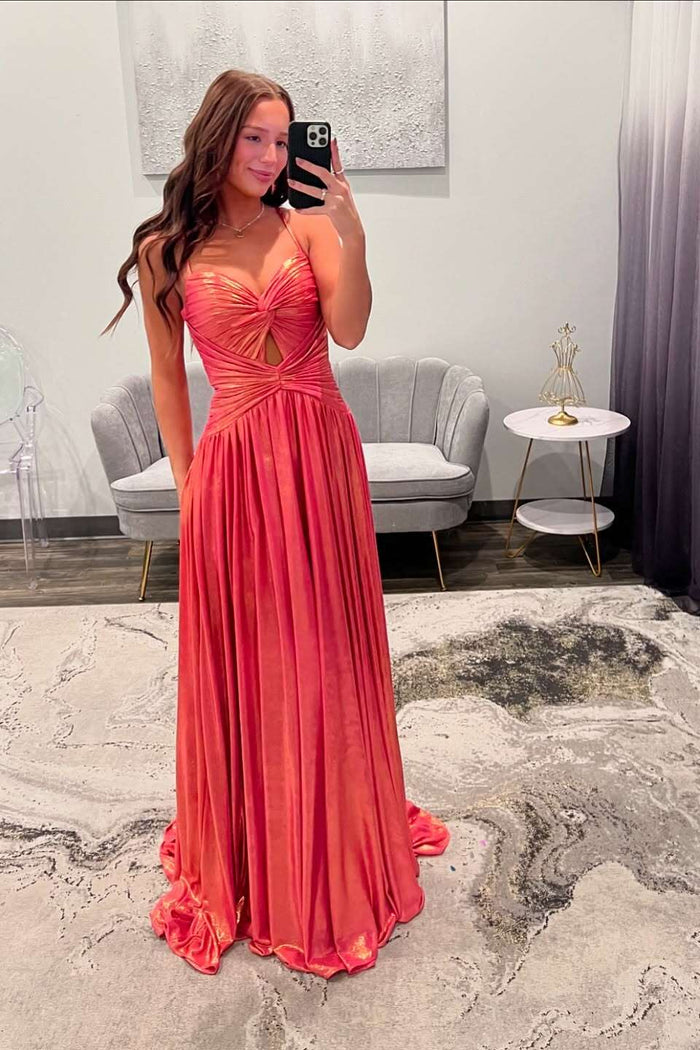 Straps Coral Twist Metallic Long Dress with Slit