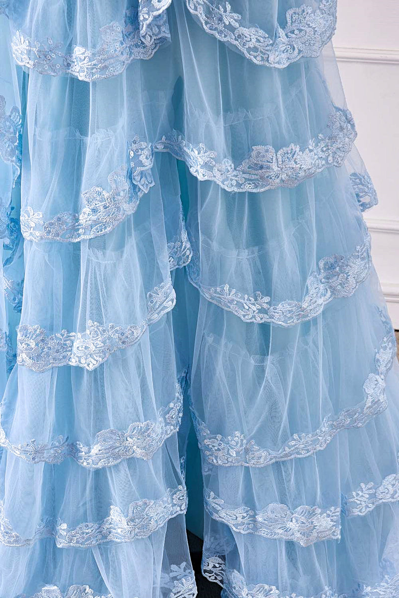 Light Blue Spaghetti Straps Floral Layers A-line Long Prom Dress with Slit