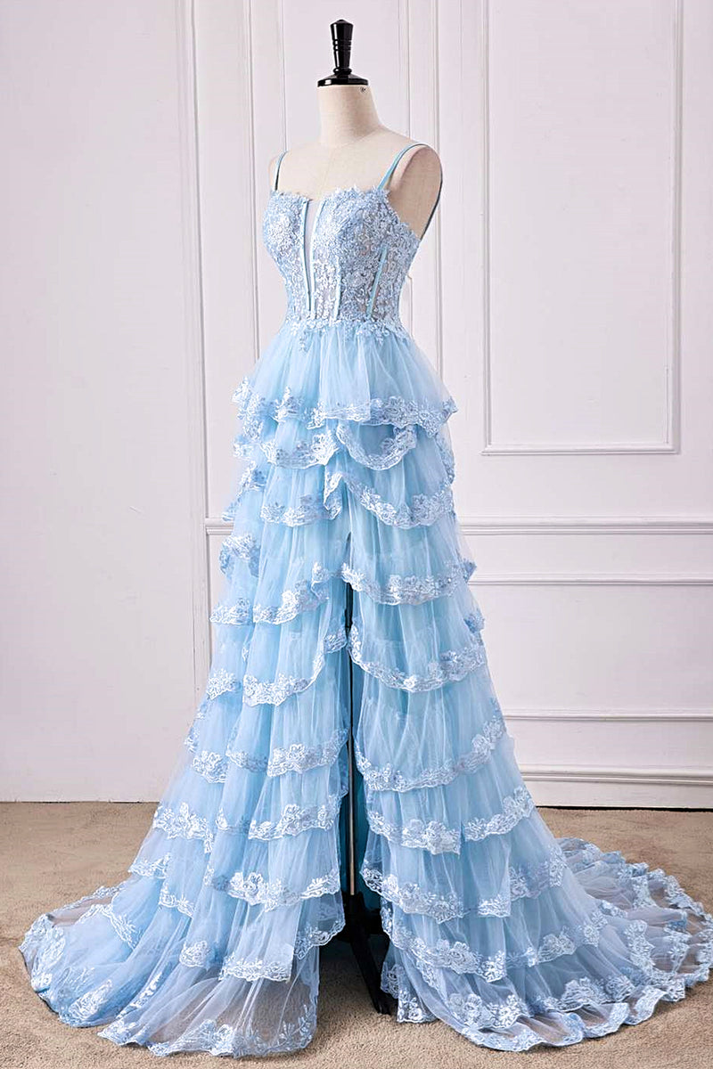 Light Blue Spaghetti Straps Floral Layers A-line Long Prom Dress with Slit