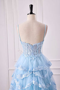 Light Blue Spaghetti Straps Floral Layers A-line Long Prom Dress with Slit