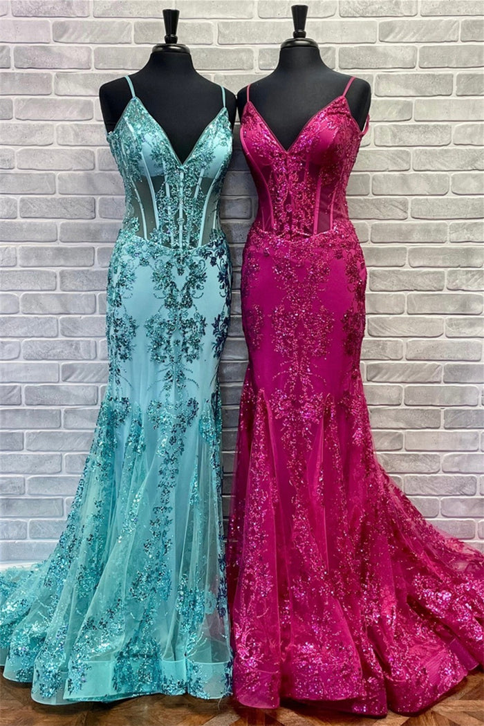 Mint Green & Fuchsia Mermaid Sequined Embroidery Tulle Long Prom Dress