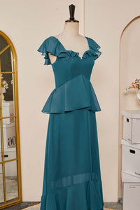 Teal Flaunt Sleeves A-line Layers Long Bridesmaid Dress