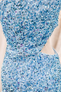 Sky Blue One Shoulder Sequins Sheath Cut-Out Homecoming Dress