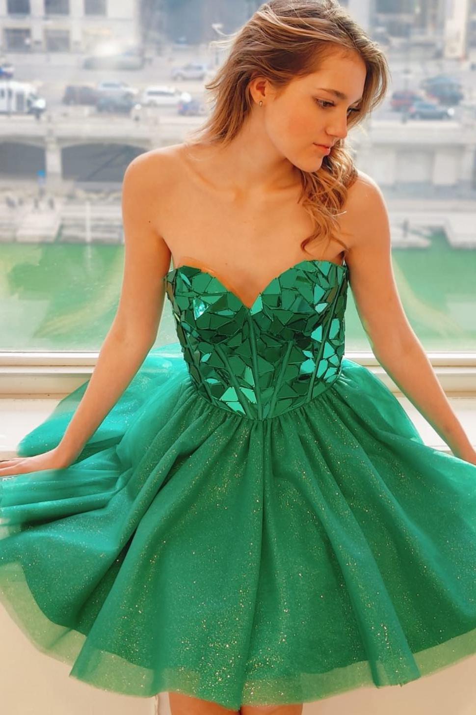 Sweetheart Green Mirror Glass A-line Short Princess Dress