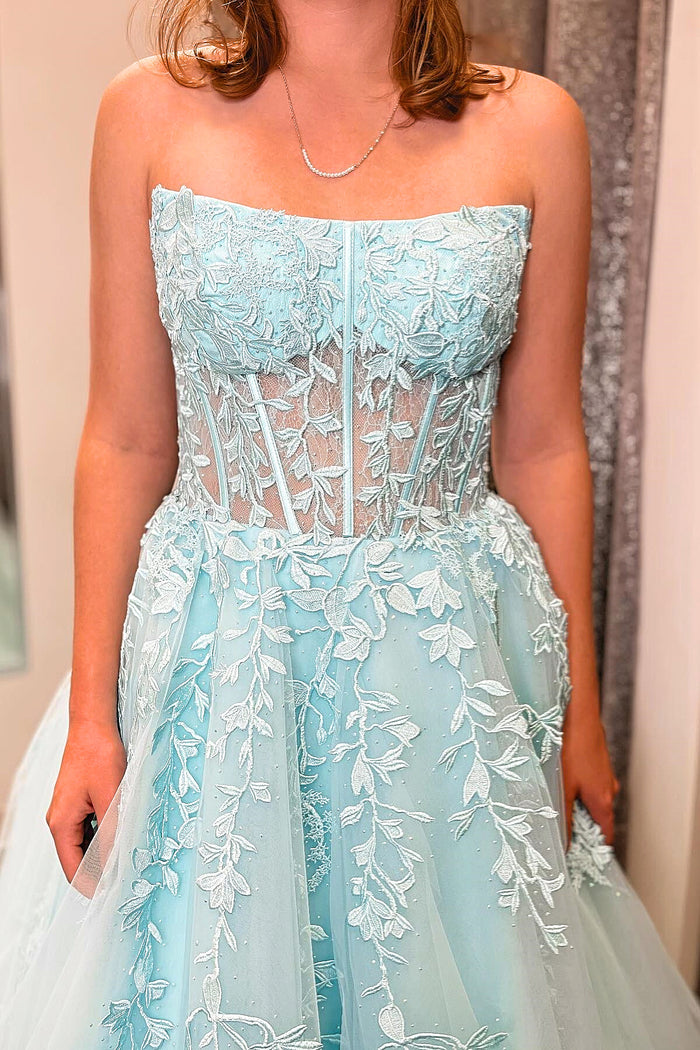 Light Blue Strapless Floral A-line Long Prom Dress