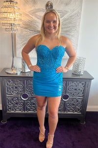 Blue Jay Strapless Appliques Sheath Homecoming Dress