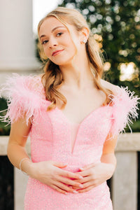 Light Pink Sequins Deep Off-the-Shoulder Feathers Homecoming Dress