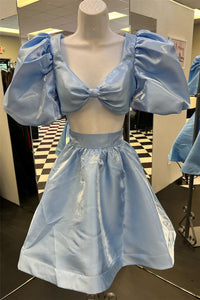 Light Blue Two-Piece Puff Sleeves A-line Homecoming Dress