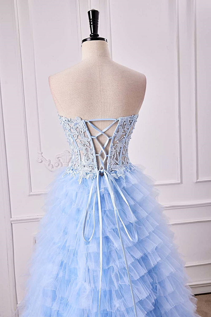 Light Blue Strapless Floral Layers A-line Long Prom Dress with Slit