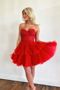 Red Strapless Appliques Tulle Multi-Layers Homecoming Dress