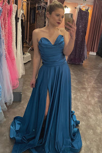 Ink Blue Strapless Satin A-line Pleated Long Prom Dress with Slit