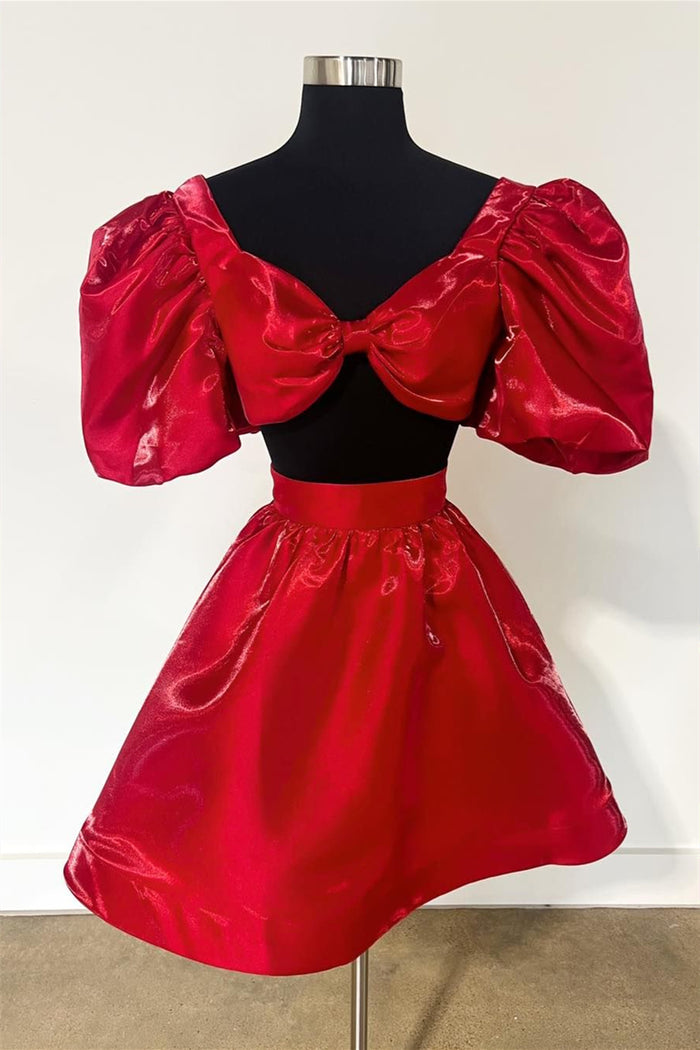 Red Two-Piece Puff Sleeves A-line Homecoming Dress