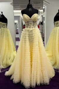 Yellow Lace-Up Floral Multi-Layers Strapless A-line Long Prom Dress