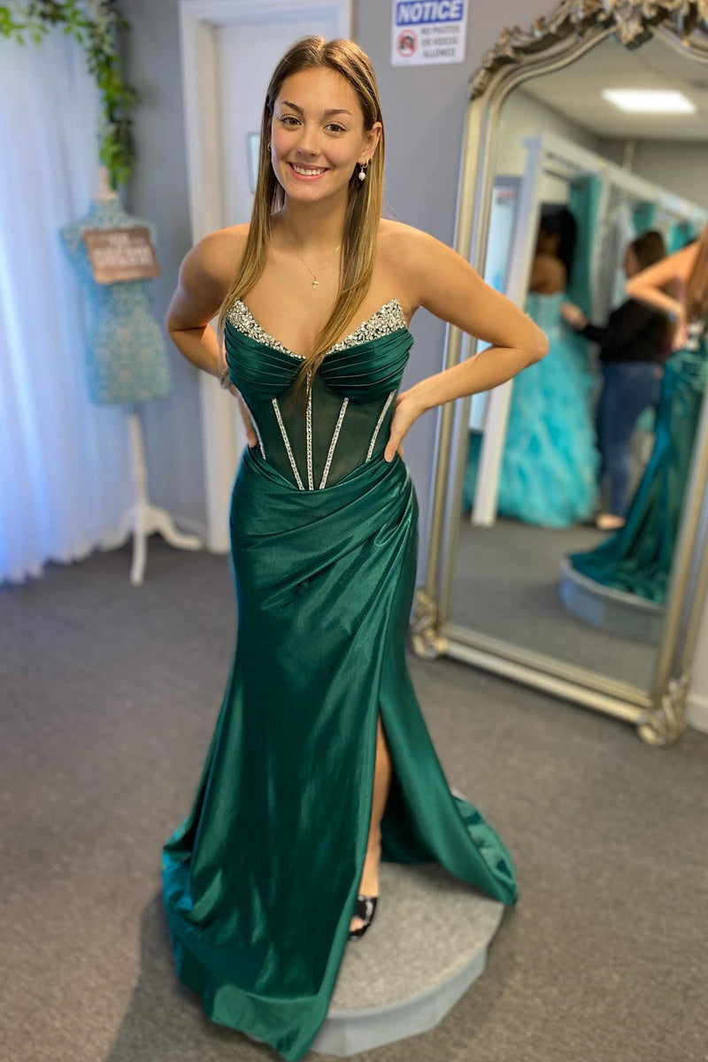 Hunter Green Beaded Mermaid Strapless Long Prom Dress with Slit