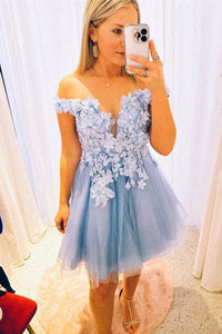 Light Blue Plunging Off-the-Shoulder Appliques Tulle Homecoming Dress
