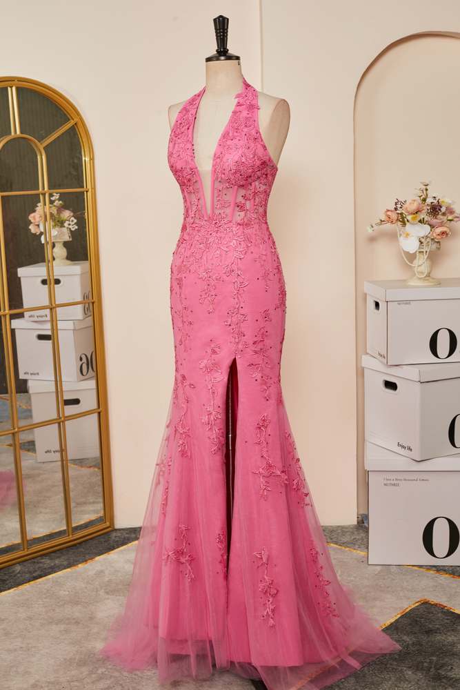Pink Plunging Halter Appliques Mermaid Long Prom Dress with Slit
