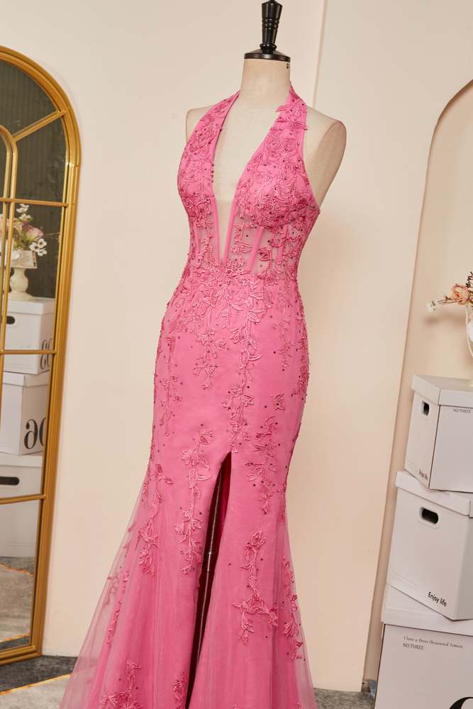 Pink Plunging Halter Appliques Mermaid Long Prom Dress with Slit