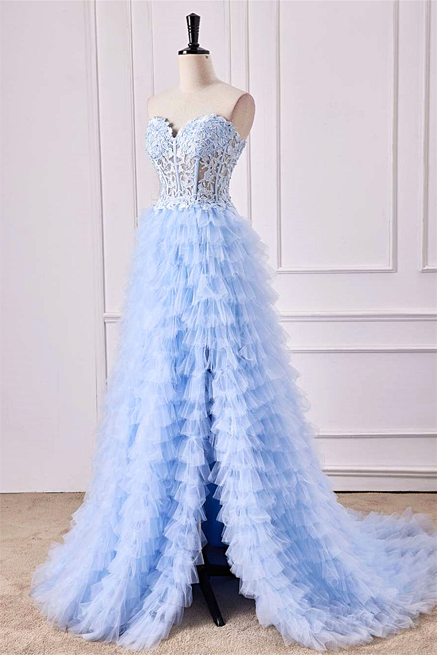 Light Blue Strapless Floral Layers A-line Long Prom Dress with Slit