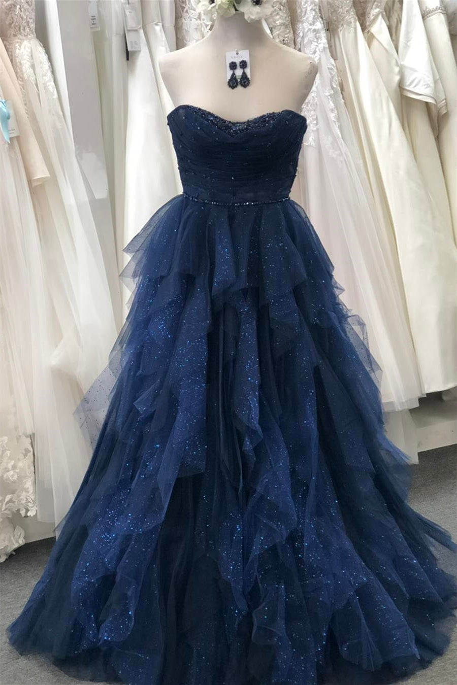 Sparkly Navy Blue Strapless Ruffle Layers Tulle Long Prom Dress