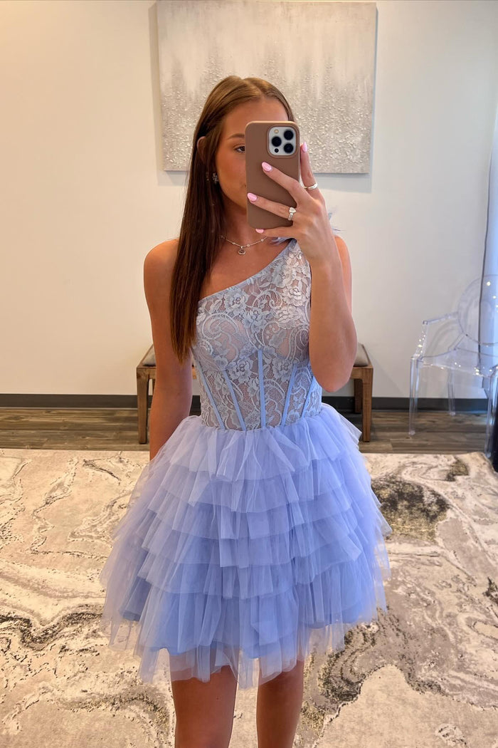 One Shoulder Periwinkle Lace and Tulle Short Homecoming Dress
