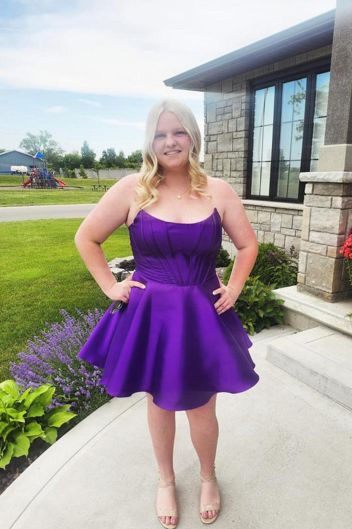 Strapless Purple Satin A-line Short Homecoming Dress