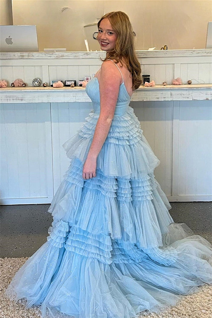 Light Blue Retro-U Spaghetti Straps Layers A-line Long Prom Dress