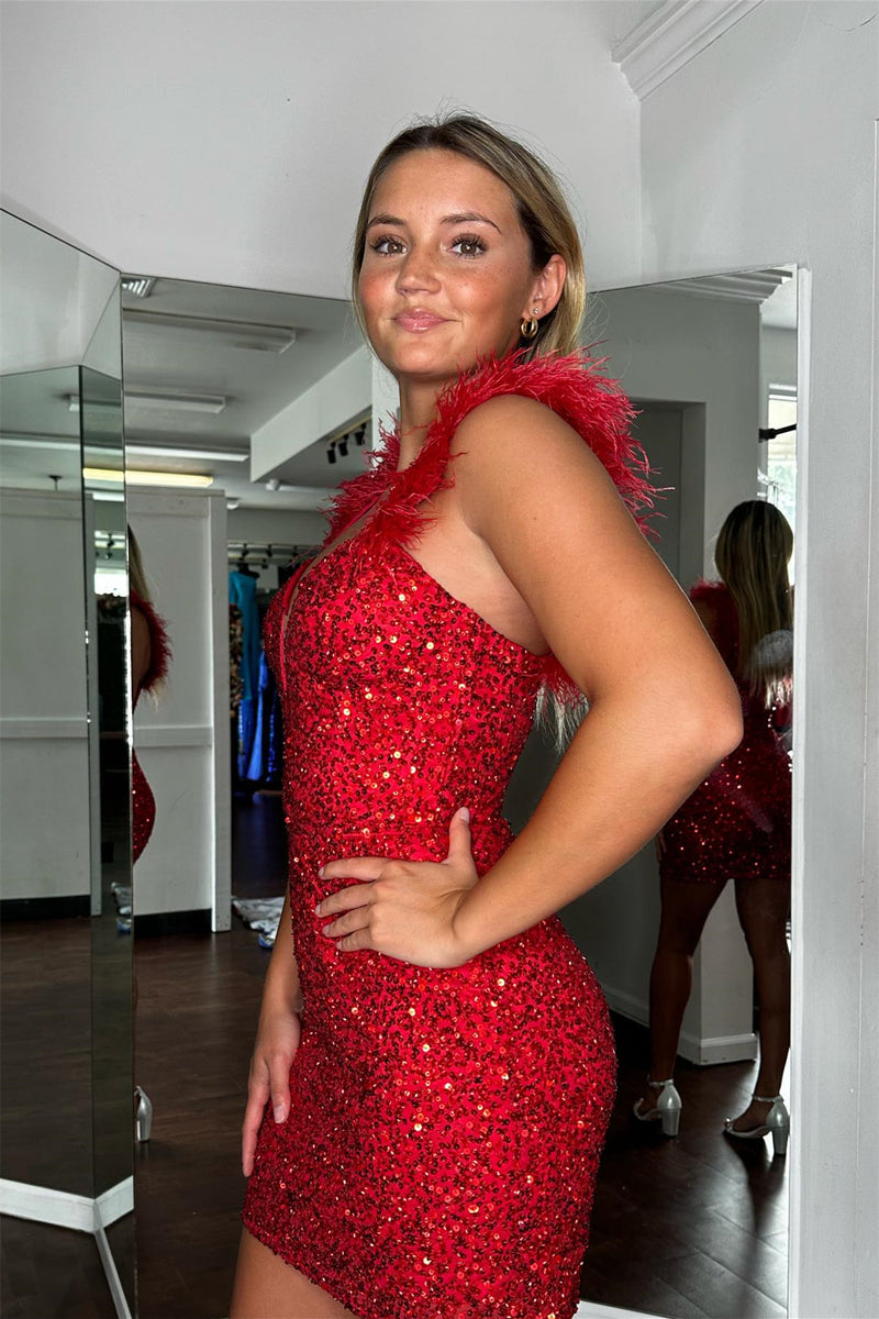Red Sequins Sheath Plunging V Neck with Feathers
