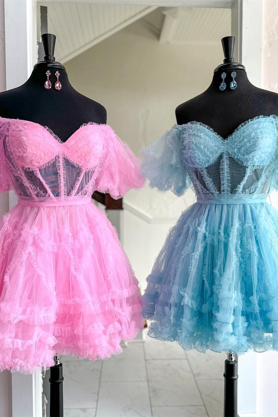 Pink & Blue Off-the-Shoulder Ruffles Puff Sleeves Homecoming Dress