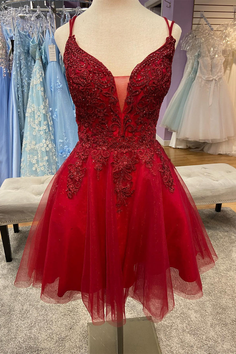 Red Plunging V Neck Lace-Up Appliques Tulle Homecoming Dress