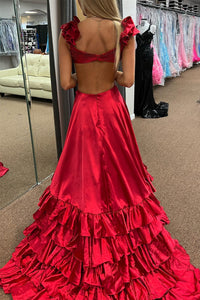 Red Ruffled Crossed Top Hi-Low Layers Long Prom Dress