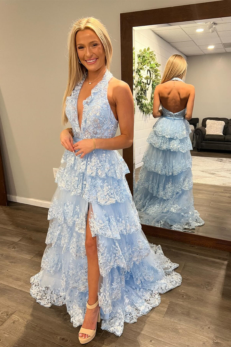 Light Blue Halter Layers Sequined Floral Long Prom Dress with Slit