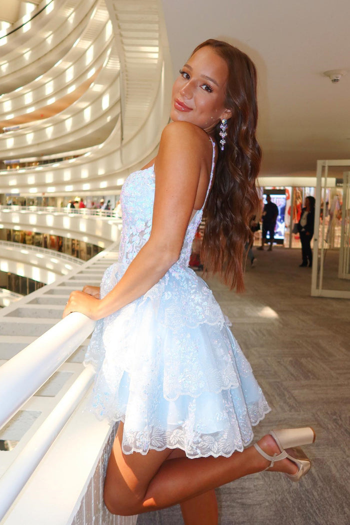 Light Blue A-line Sequined Appliques Multi-Layers Homecoming Dress