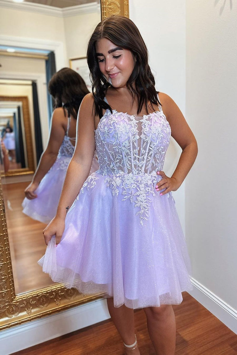 Lavender A-line Appliques Lace-Up Tulle Homecoming Dress