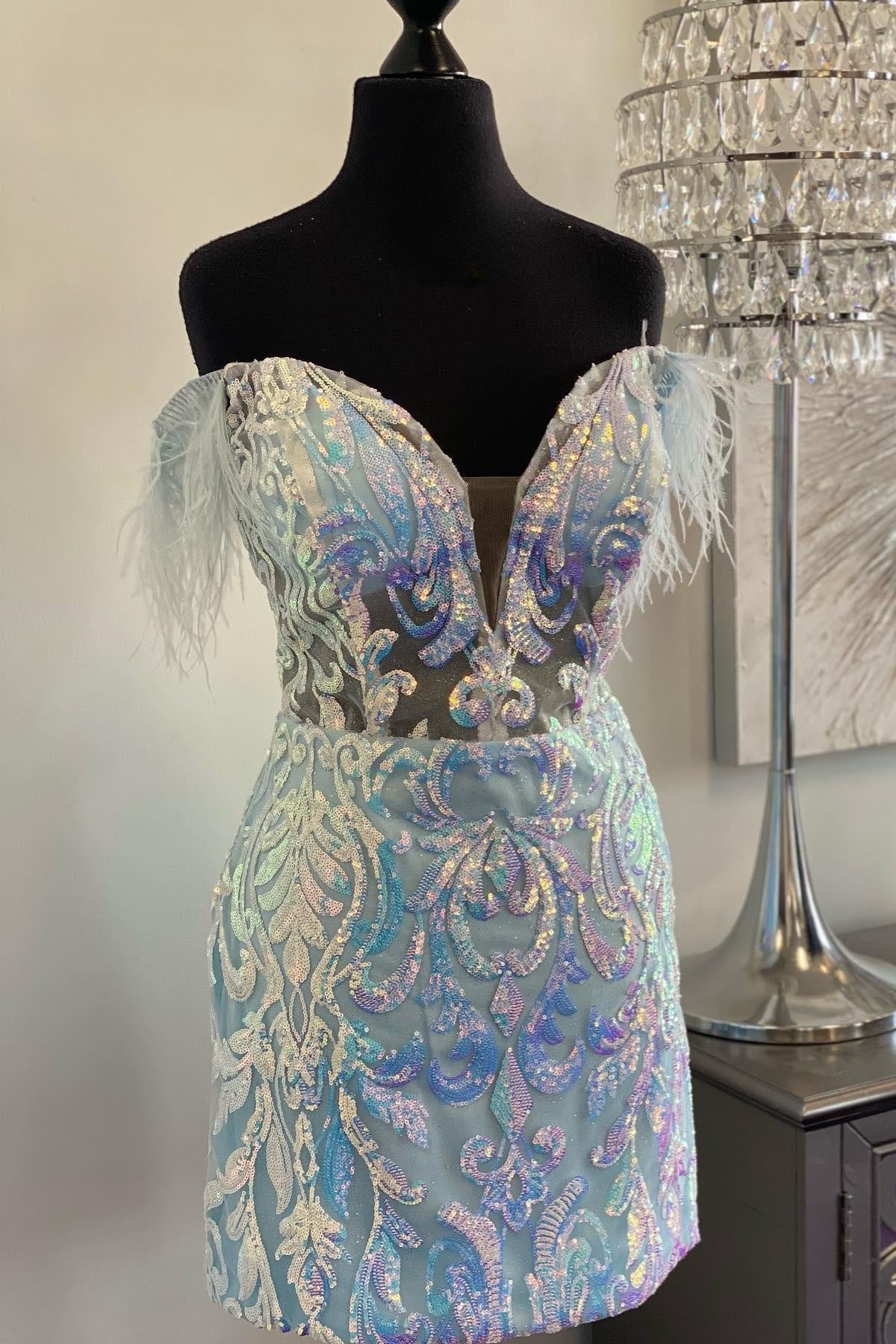 Light Blue Off-the-Shoulder Sequin-Embroidered Feathers Homecoming Dress
