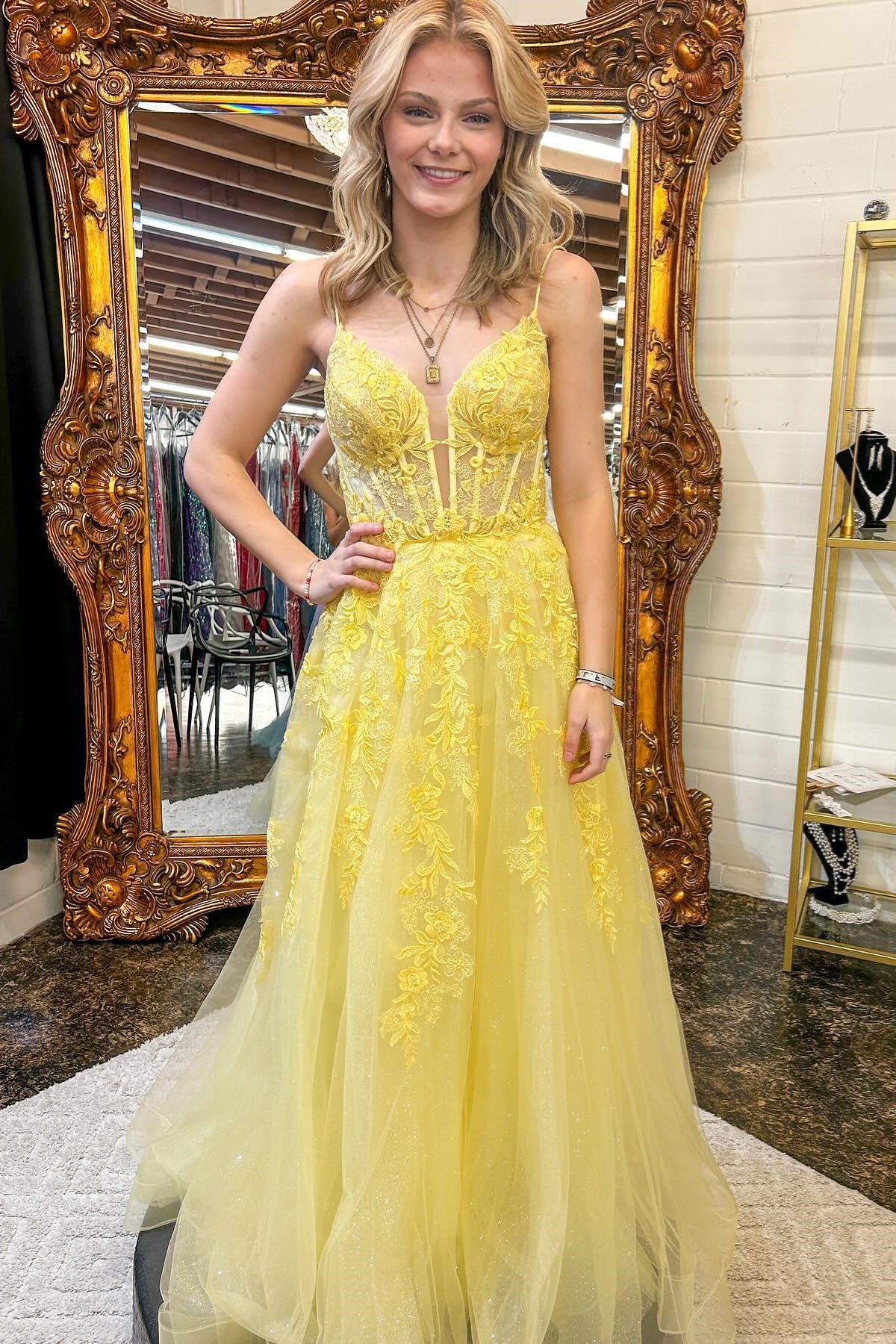 Yellow Floral Spaghetti Straps A-line Long Prom Dress – Dreamdressy