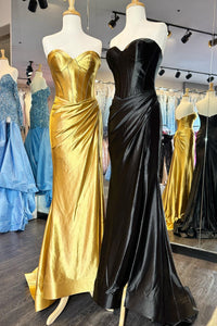 Gold & Black Strapless Mermaid Satin Long Prom Dress