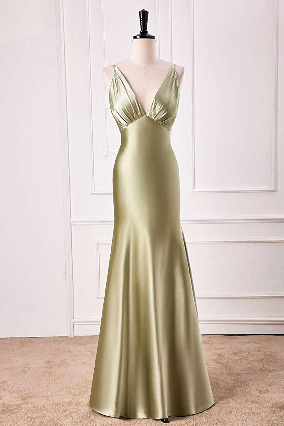 Dusty Sage  Plunging V Neck Mermaid Satin Long Prom Dress