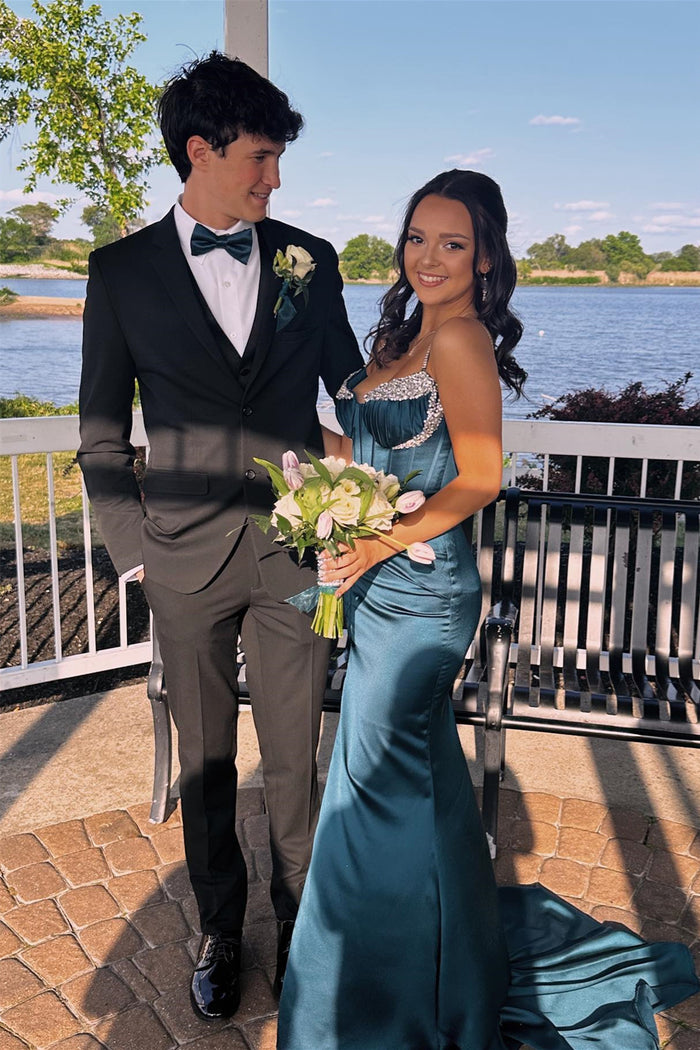 Ink Blue Beaded Mermaid Straps Satin Long Prom Dress with Slit