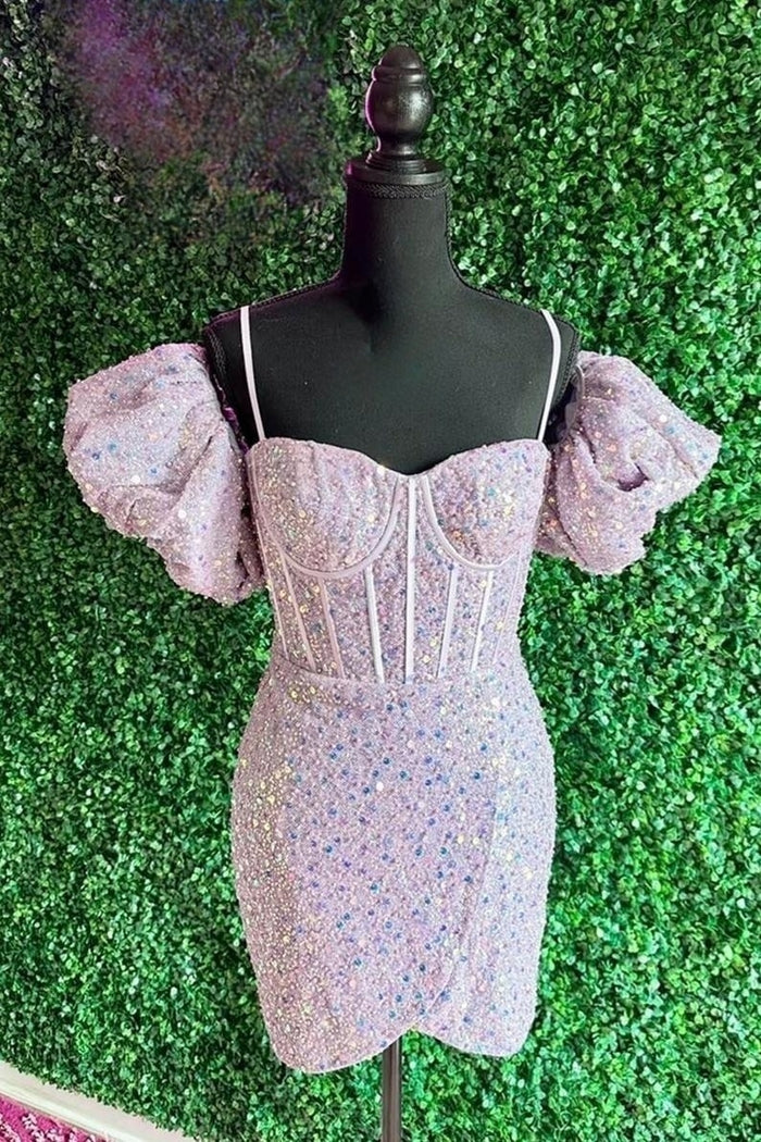 Lavender Puff Sleeves Sequins Sheath Homecoming Dress
