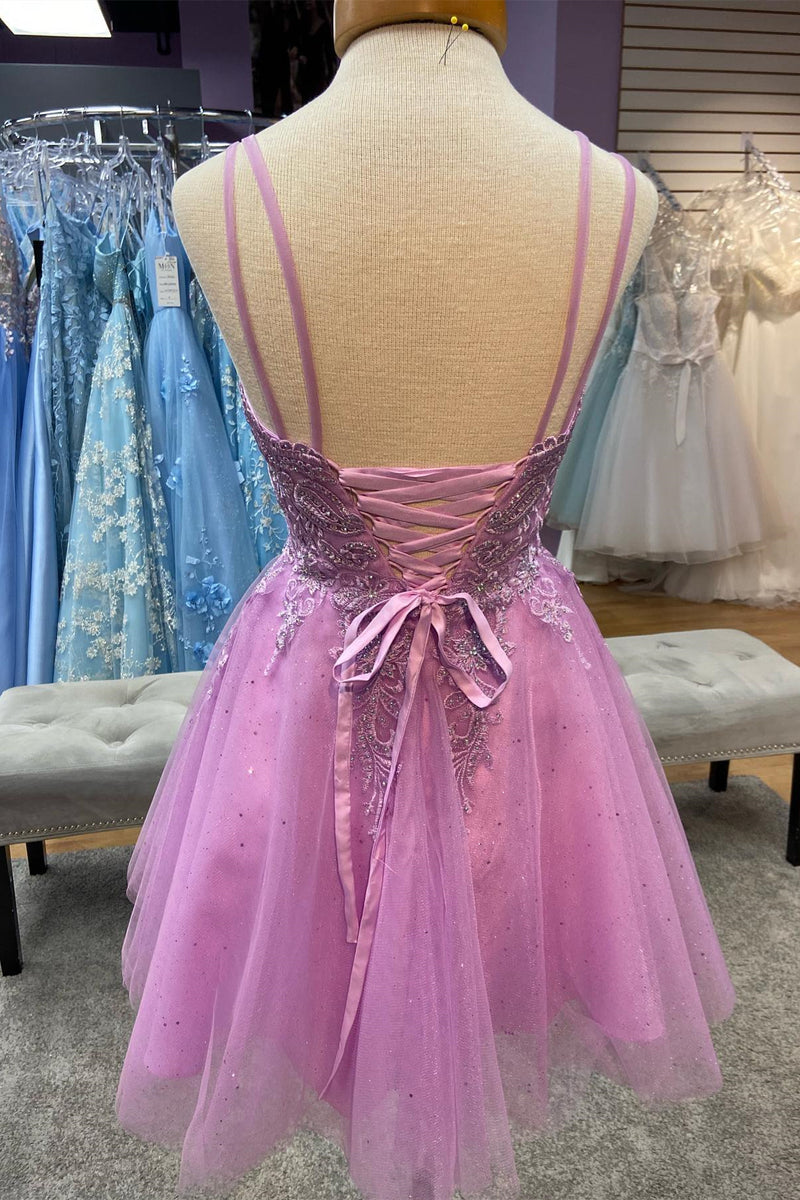 Lilac Plunging V Neck Lace-Up Appliques Tulle Homecoming Dress