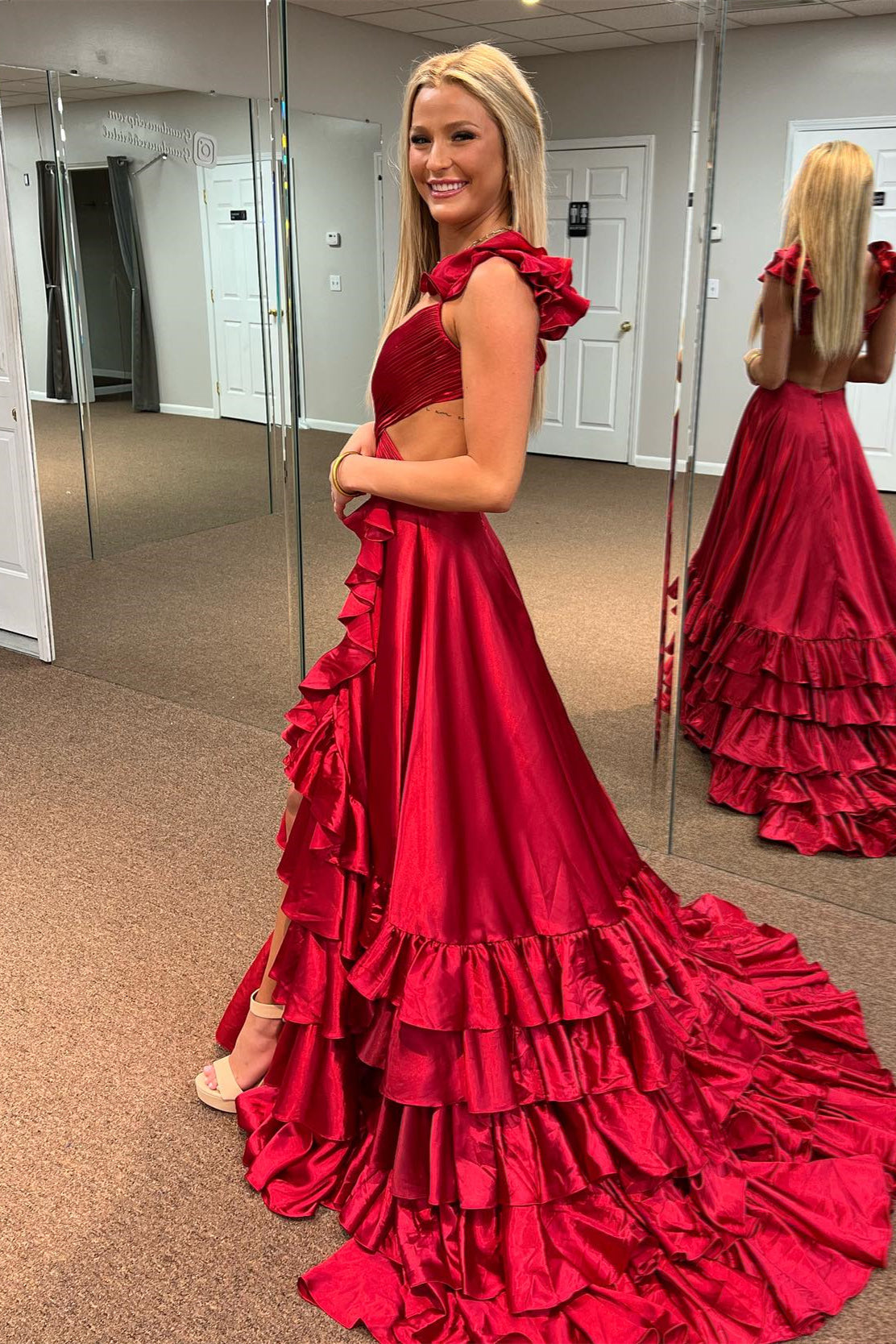 Red Ruffled Crossed Top Hi-Low Layers Long Prom Dress