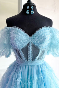 Blue Off-the-Shoulder Ruffles Puff Sleeves Homecoming Dress